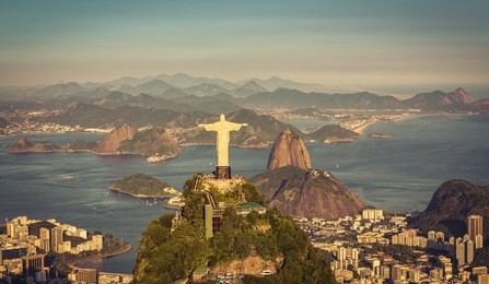 aerial view of botafogo bay from high angle, rio de janeiro, brazil. late afternoon sunset light