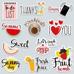 set of flat design social network stickers for food, summer, sunny days. vector illustrations for online communication, networking, chat, social media, web design, mobile message, promo material.