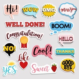 set of flat design social network stickers with notes. vector illustrations for online communication, networking, social media, chat, web design, mobile message, marketing material.