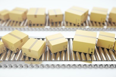 packages delivery, packaging service and parcels transportation system concept, cardboard boxes on conveyor belt, 3d rendering