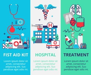 three vertical medical banner in flat line style. first aid kit, hospital and ambulance, treatment. can used for web banners and info graphic
