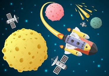satellite and spaceship cartoon on the moon with space,paper art