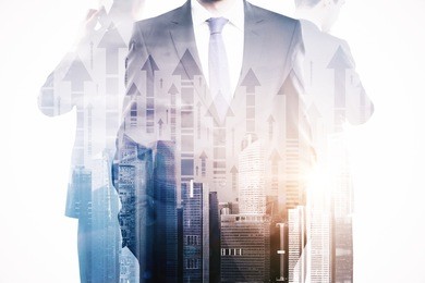 businesspeople on abstract city with arrows background. they are thinking about financial growth. double exposure