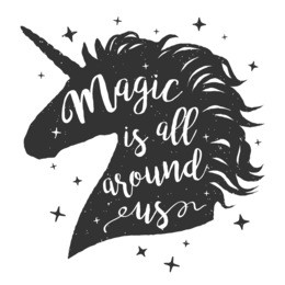 vector unicorn head silhouette with text. inspirational illustration design for print, banner, poster. magic is all around us phrase on unicorn.