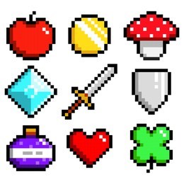 set of minimalistic pixel art vector objects isolated. game 8 bit style. minimalistic pixel graphic symbols group collection. apple, coin, mushroom, diamond, sword, shield, potion, heart, lucky clever
