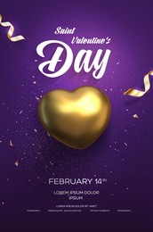 happy valentine's day flyer or poster. top view on golden heart with beautiful backdrop. vector illustration