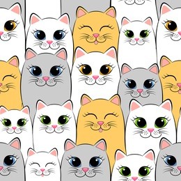 seamless pattern with cats.  background with gray, white and ginger kittens