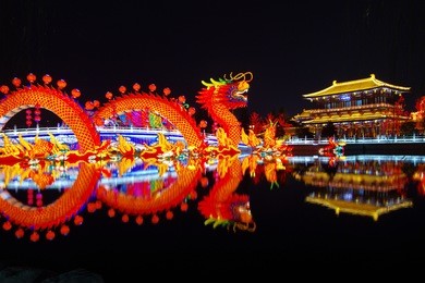 night scenes of tang paradise in xi‘an(xian),china.lanterns decorate new year.