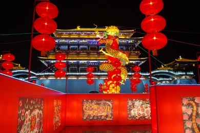 night scenes of tang paradise in xi‘an(xian),china.lanterns decorate new year.