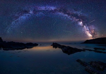 milky way and the perseids /
long time exposure night landscape with milky way galaxy during the perseids flow above the black sea, bulgaria