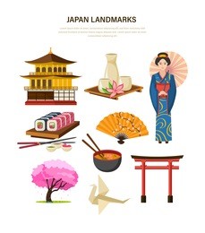 japan landmarks set: traditional building japan, sake, sakura wood, fan, sushi and rolls, women's clothing, accessory in the form of a fan, the japanese torii gate, origami. vector illustration.