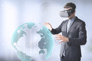 man with vr glasses surfing a 3d holographic world