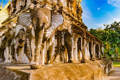 stucco sculpture of elephant in pagoda wat chiang man, buddhist temple in chiang mai, thailand