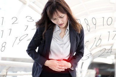 office woman abdominal pain, stomachache, period cramps