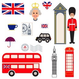 england vector traditional symbols. tourist souvenir guide icons.
