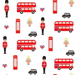 england symbols vector seamless pattern. doubledecker bus, guardman, queen and telephone booth icons background.