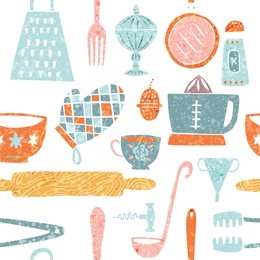 seamless pattern with hand-drawn kitchenware and utensils in trendy modern style with organic texture in bright colors. design for background, wallpaper, tableware. whimsical quirky illustrations.