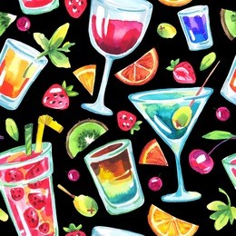 colorful party seamless pattern. watercolor tropical cocktails, fruits, berries. modern summer background for holiday card, postcard, gift wrapping paper. hand painted food and drinks illustration. 