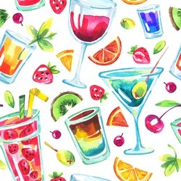 colorful party seamless pattern. watercolor tropical cocktails, fruits, berries. modern summer background for holiday card, postcard, gift wrapping paper. hand painted food and drinks illustration. 