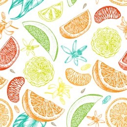 decorative seamless pattern with ink hand-drawn citrus slices. vector illustration.