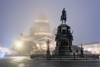 foggy petersburg, st isaac cathedral and monument to emperor nicholas i, st petersburg, russia