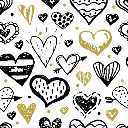 vector grunge hand drawn valentine's day seamless pattern design in trendy golden and black colors