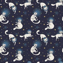 cosmic seamless pattern, cute doodle white cat-astronauts floating in space, vector illustration