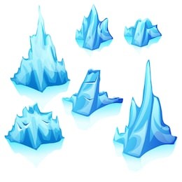 a set of ice blocks, hills and peaks of icebergs isolated on white background. cartoon vector illustration close-up.