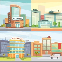 set hospital building cartoon modern vector illustration. medical clinic and city background. emergency room exterior.