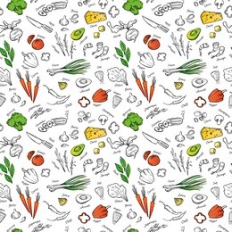 hand drawn vectorseamless pattern  with vegetables, cheese, seafood etc. perfect for restaurant brochure, cafe flyer, delivery menu