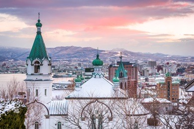 hakodate, japan cityscape and orthodox church.