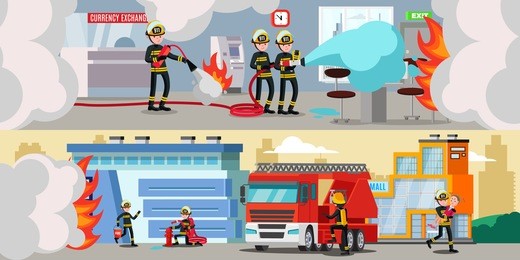 rescue service colorful horizontal banners with firefighters extinguishing fire in bank office and building outside vector illustration