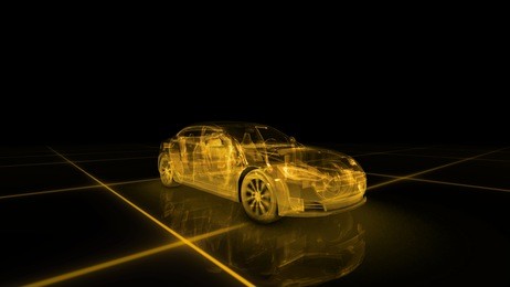 sport car wire model with yellow neon ob black background. 3d render