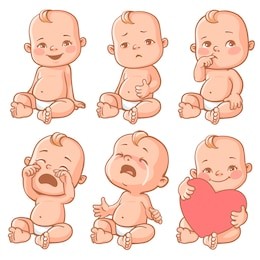 set with cute little baby in diaper with different emotions. various face expressions. happy child, baby cry, toddler hold heart, sick child, sad boy, crying girl, screaming baby. colorful vector.