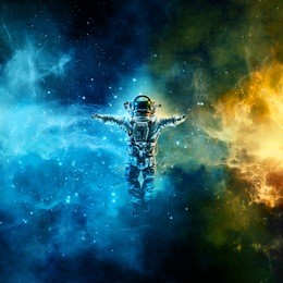 astronaut in space / 3d illustration of astronaut floating in space between glowing galaxies