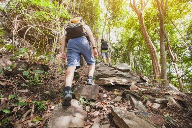 endurance concept, group of hikers climbing up in the forest