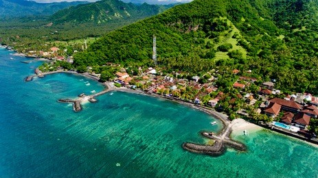 aerial view of the beautiful bay in candidasa beach, bali, indonesia.