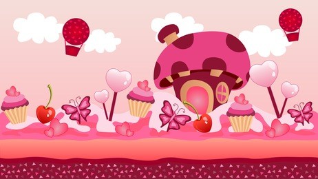 seamless game background for valentine theme with pink candies, trees made with hearts and love balloons, perfect for running jumping and platform and arcade games 