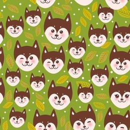 seamless pattern funny brown husky dog and leaves, kawaii face with large eyes and pink cheeks, boy and girl on green background. 