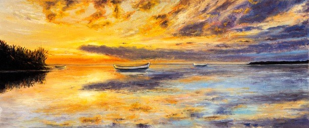 original oil painting of boat and sea on canvas. rich golden sunset over ocean.panorama.modern impressionism