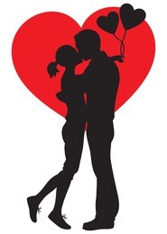 silhouette illustration of lovers kissing couple embracting on white background