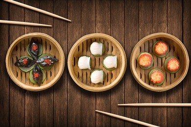 dim sum dumplings on a wooden background