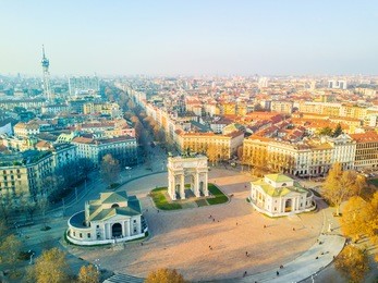 beautiful view of arco della pace located in parco sempione park in milan
