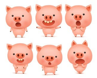 emoji pig character icon set with different emotions. vector illustration isolated over white background