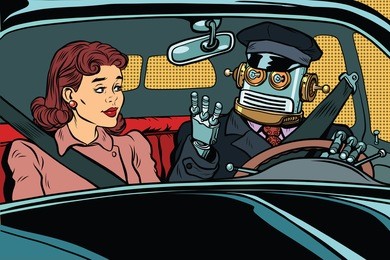 robot autopilot car, woman passenger in unmanned vehicles. vintage pop art retro illustration. modern technologies, unmanned vehicles