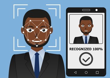 biometrical identification. facial recognition system concept. mobile app for face recognition. african american man. vector illustration