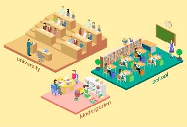 isometric flat 3d isolated concept vector interior kindergarten, school, university auditorium. education system. children growing up