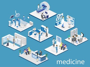 isometric flat interior of hospital room, pharmacy, doctor's office, waiting room, reception, mri, operating. doctors treating the patient. flat 3d vector illustration