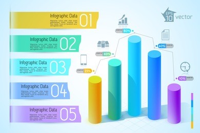 business chart and graph infographics with colorful 3d columns five steps icons on light background vector illustration
