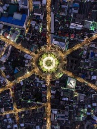 the light on the road  roundabout at night and the city in bangkok, thailand.aerial view.top view.light scenic road.